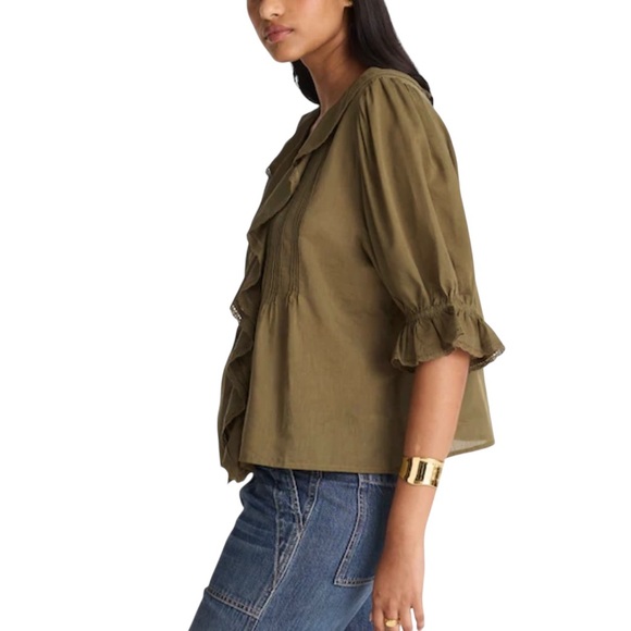 Madewell Kelly Pintucked Ruffled Puff-Sleeve Top Shirt NWT XL Olive Green - Picture 2 of 10